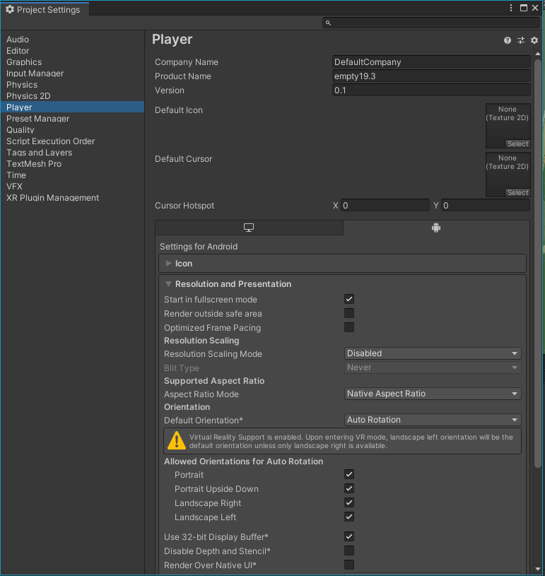 Unity | Project settings: player – Arm Developer