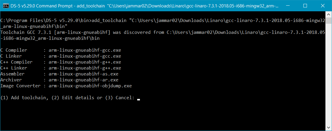 Add new toolchain from the command prompt