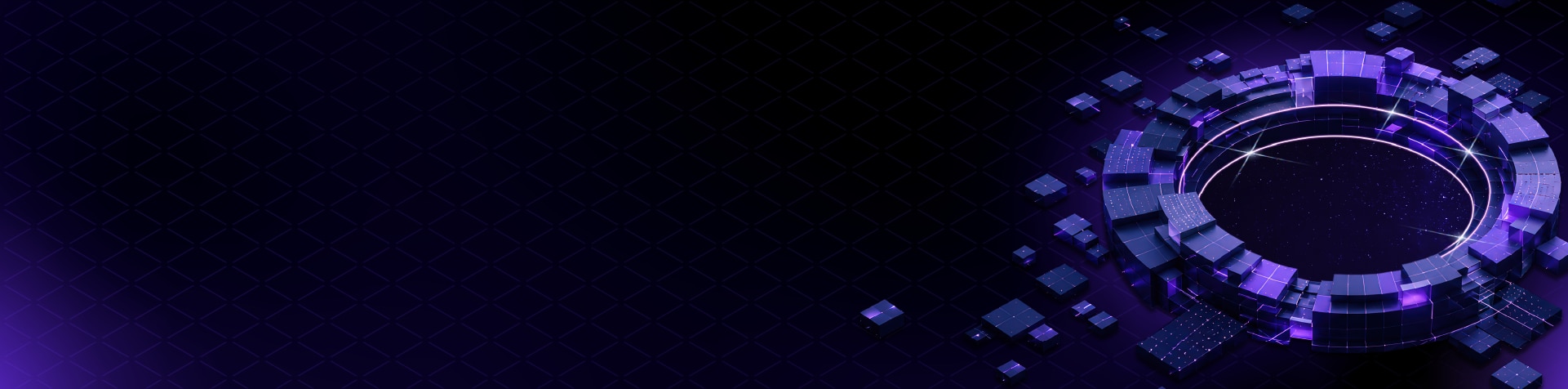 Abstract purple digital ring on a dark geometric background.