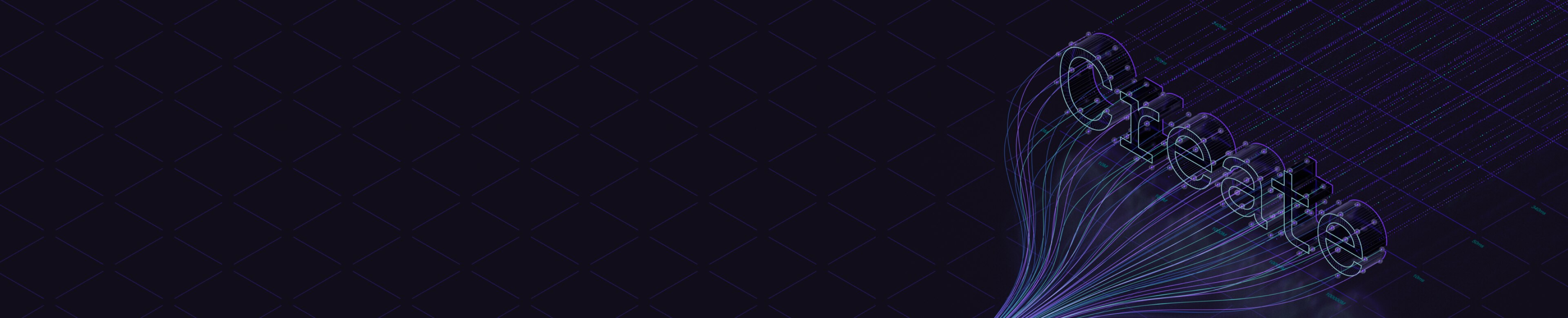 Neon “create” typography on dark tech background