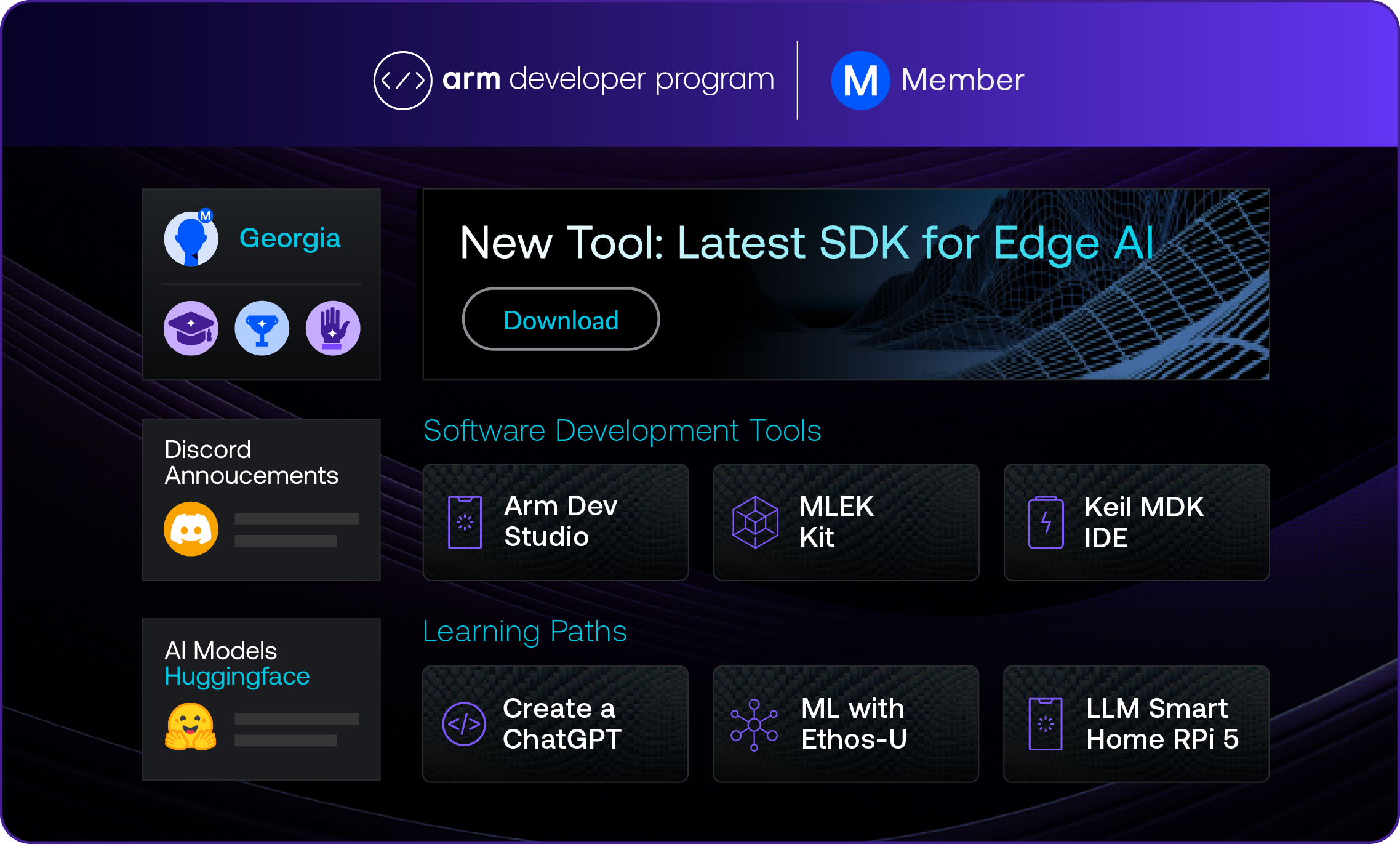 Arm developer program member dashboard interface