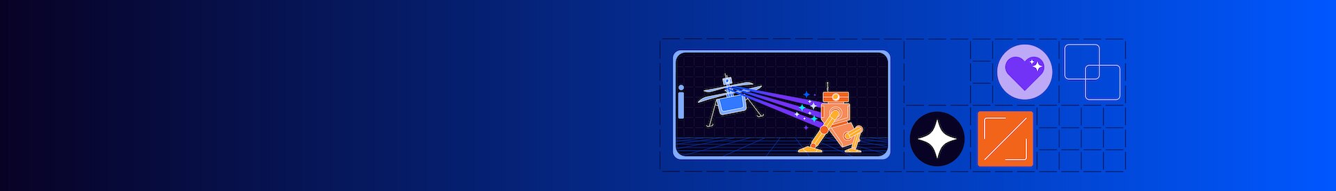 Stylized image of a robot fighting a drone on a digital grid.