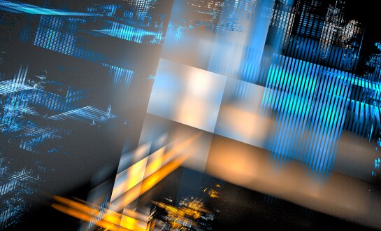 Abstract blue and orange geometric Windows-inspired artwork.