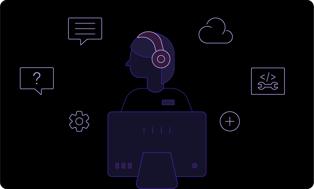 Support agent at computer with cloud, tools, and chat icons.