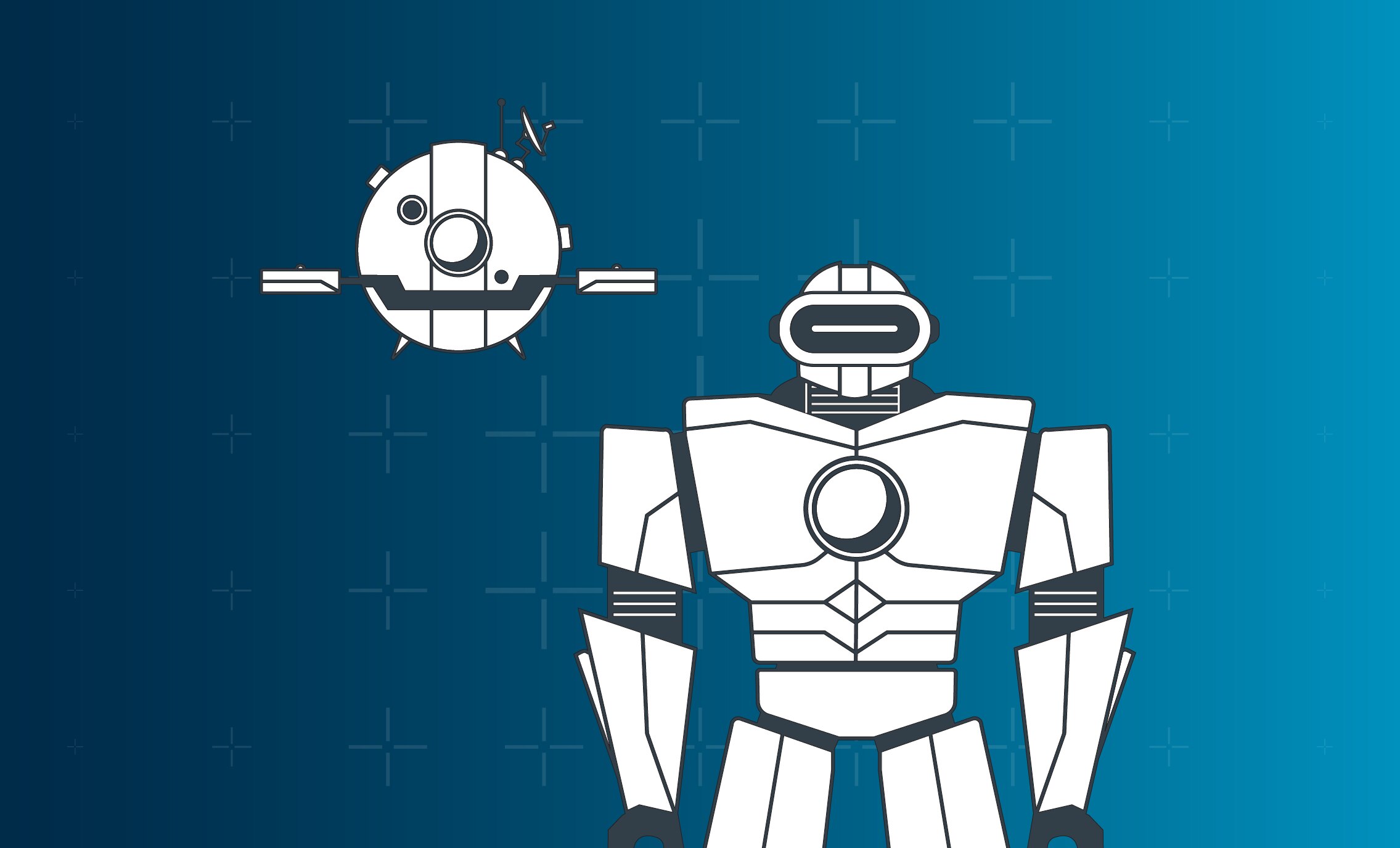 Robot and satellite on a tech-themed background.
