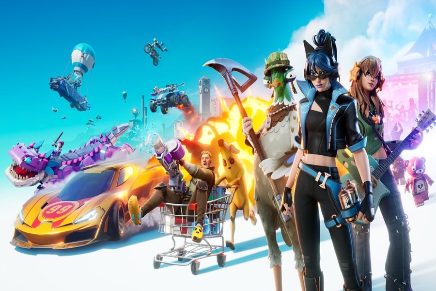Fortnite Ecosystem graphic, 3 virtual game actors hand carry with different tools and bass, the background theme contains a racing car in front of the explosion fire.