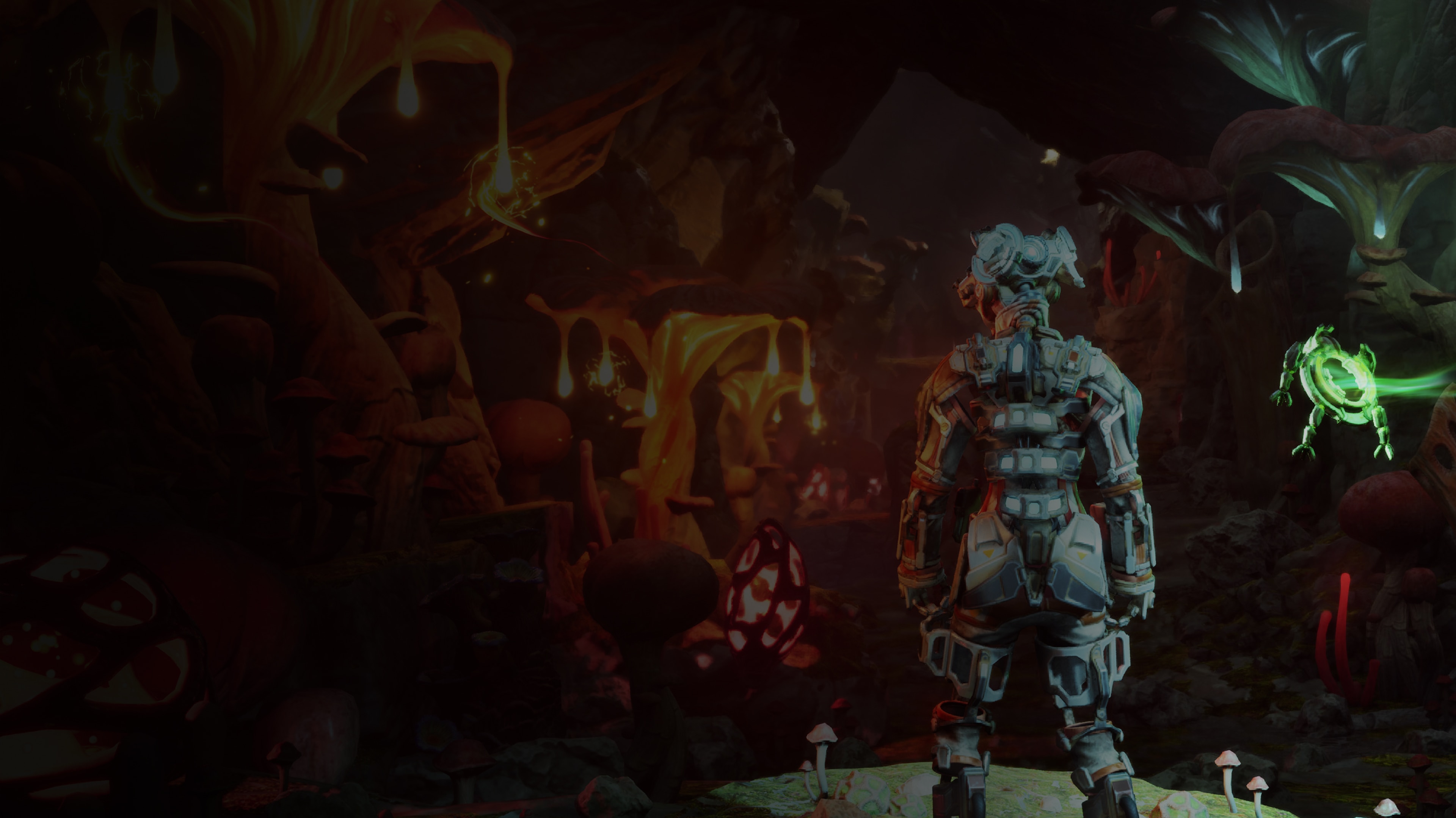 Robot explorer standing in a glowing cave filled with giant bioluminescent mushrooms and molten orange formations.