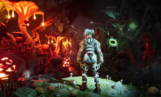 Robot explorer standing in a glowing cave filled with giant bioluminescent mushrooms and molten orange formations.