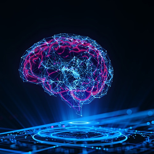 Digital rendering of an AI-powered neural network in blue and red.