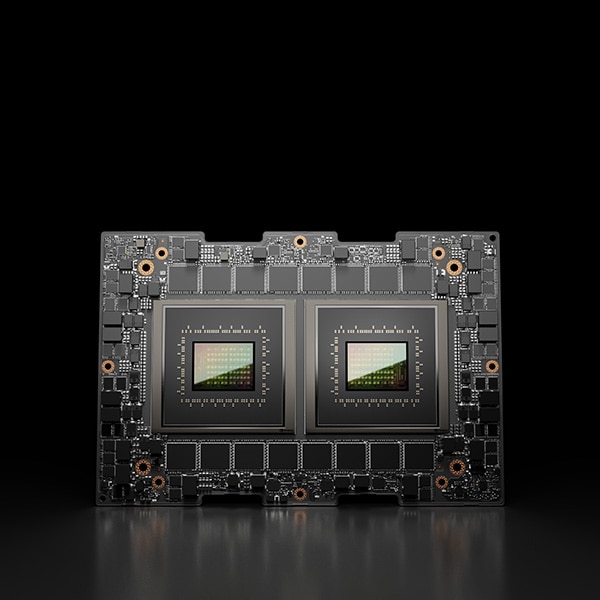 NVIDIA Superchip with dual GPUs on a circuit board, set against a dark background.