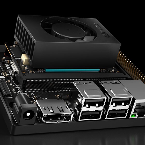 NVIDIA Jetson Nano development board with cooling fan and various ports.