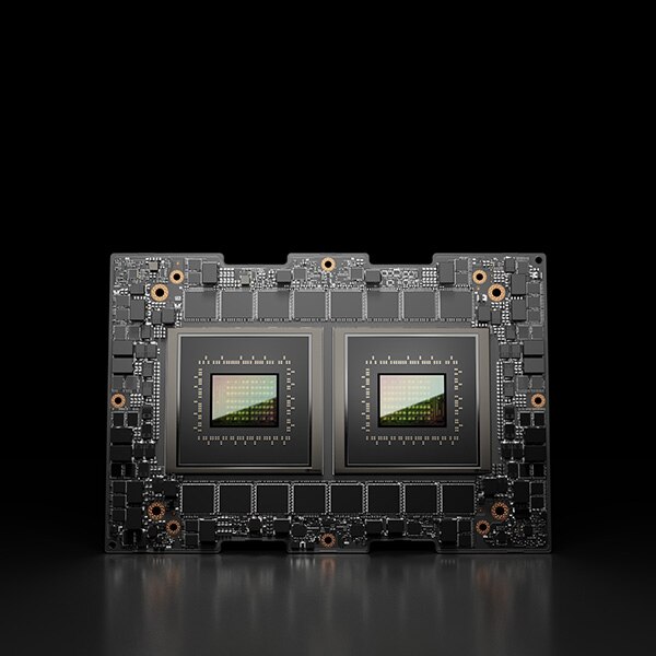 NVIDIA Superchip with dual GPUs on a circuit board, set against a dark background.