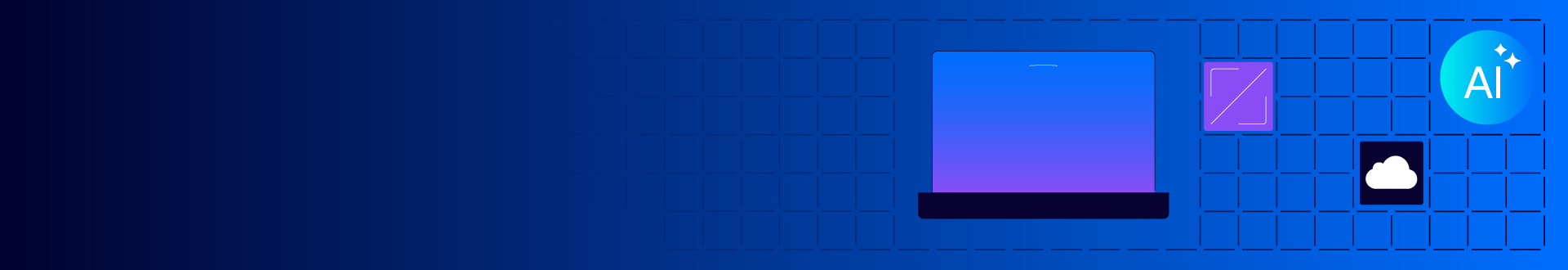 Laptop with AI, design, and cloud icons on a blue grid background.