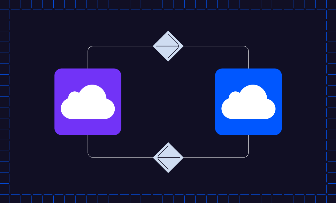 Graphic showing two cloud icons connected by arrows, symbolizing cloud migration.
