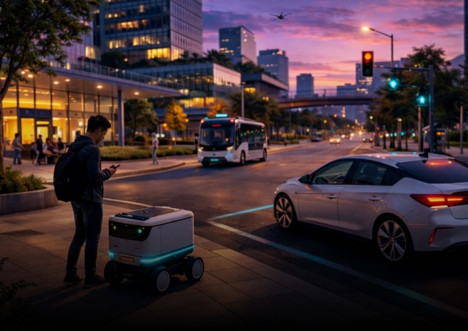 Autonomous machines - Autonomous delivery robot and shuttle operating in a smart city street.