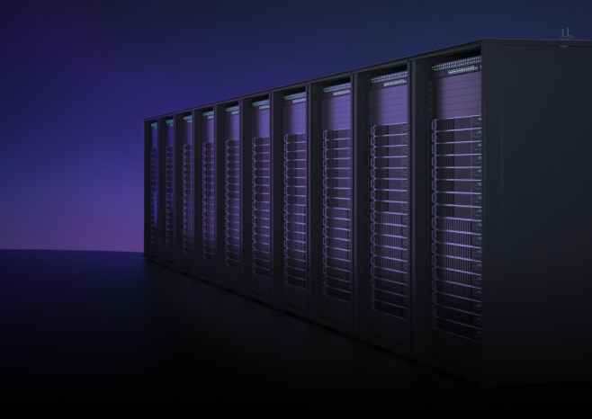 Modern cloud data center with rows of illuminated server racks.