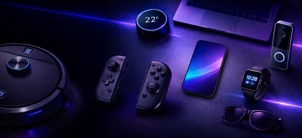 Connected smart devices including phone, smartwatch, thermostat, and home automation products.