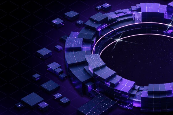 Abstract futuristic digital architecture with glowing purple and blue geometric blocks arranged around a circular portal.